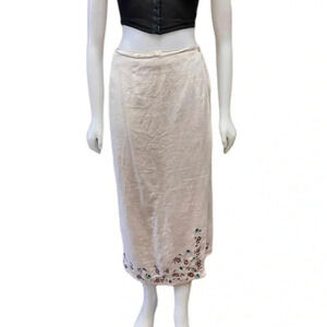 Talbots 100% Linen Embroidered Oatmeal  Maxi Wrap Skirt Size 10
